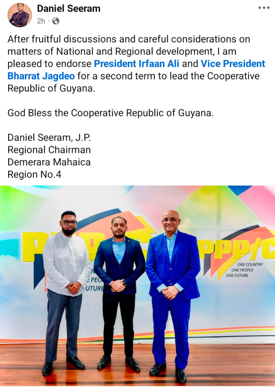 PNCR Executive Daniel Seeram Endorses Ali, Jagdeo for Second Term