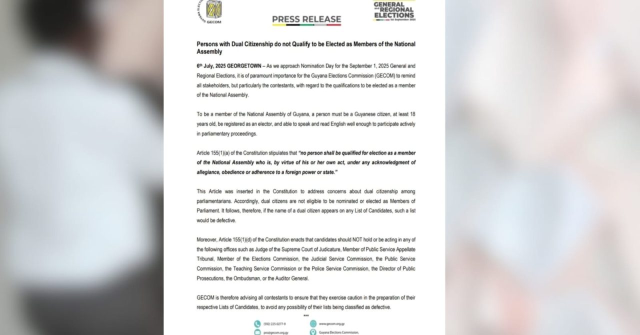 GECOM: Persons with Dual Citizenship Barred from National Assembly Candidacy